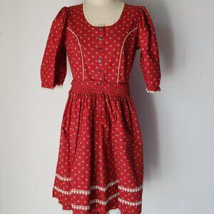 Vintage Ernst Licht 2 Piece Oktoberfest Prairie Dress Lace Trim Floral Red